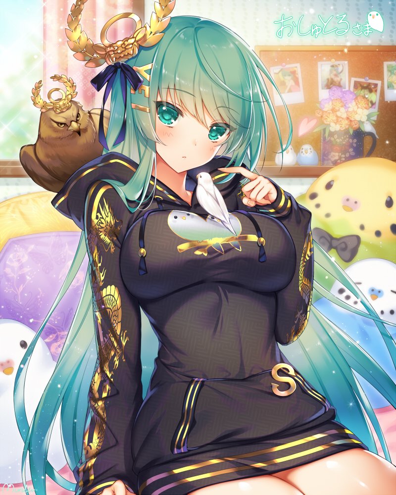 1girl, bird, blush, commission, green_eyes, green_hair, hair_ornament, hawk