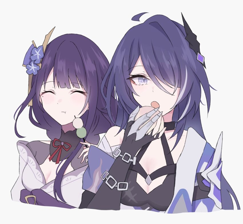 2girls, 961_kuru, acheron_(honkai:_star_rail), ahoge, armor, black_choker, breasts, chain