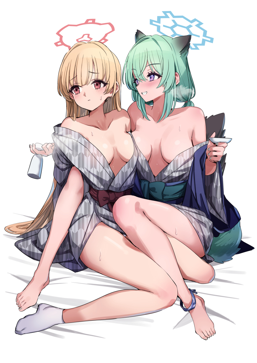 2girls, absurdres, animal_ears, bath_yukata, blonde_hair, blue_archive, blue_halo, blush, breasts, closed_mouth, collarbone, cup, extra_ears, green_hair, grey_kimono, grin, hair_between_eyes, halo, highres, holding, holding_cup, japanese_clothes, kimono, long_hair, medium_breasts, medium_hair, multiple_girls, nodoka_(blue_archive), nodoka_(hot_spring)_(blue_archive), obi, official_alternate_costume, pizzasi, purple_eyes, red_eyes, red_halo, sash, shigure_(blue_archive), shigure_(hot_spring)_(blue_archive), simple_background, smile, socks, tail, toes, weasel_ears, weasel_tail, white_background, white_socks, yukata