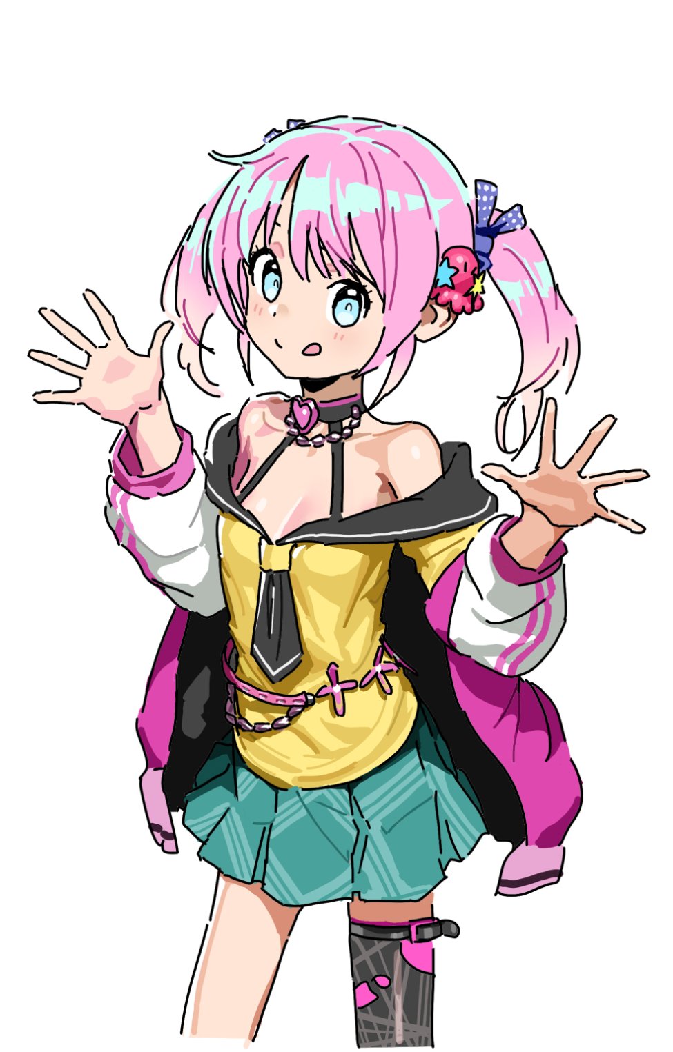 1girl, :q, azmira1534815, bare_shoulders, blue_eyes, dohna_dohna_issho_ni_warui_koto_o_shiyou, hair_ornament, hands_up