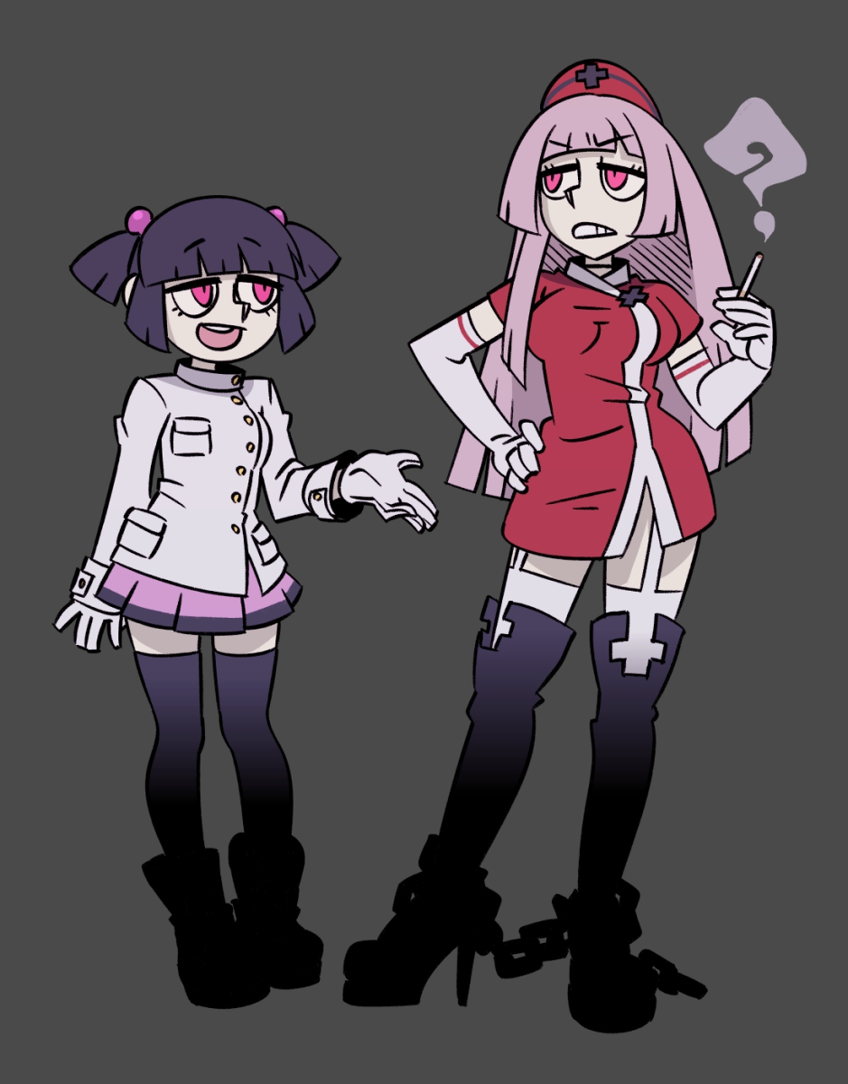 2girls, ?, black_background, black_thighhighs, blunt_bangs, blunt_ends, boots, breasts