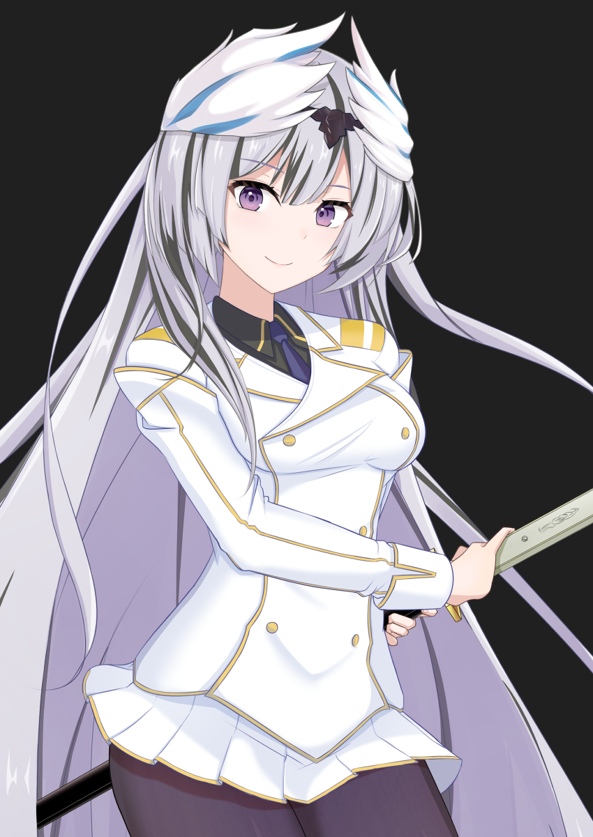 1girl, alternate_costume, black_background, black_pantyhose, breasts, buttons, crossover, feather_hair_ornament, feathered_wings, feathers, fire_emblem, fire_emblem_engage, hair_ornament, highres, holding, holding_sword, holding_weapon, ikaruga_(senran_kagura), katana, long_hair, long_sleeves, looking_at_viewer, medium_breasts, military_uniform, miniskirt, multicolored_hair, necktie, nintendo, pantyhose, purple_eyes, purple_necktie, r_ifstory, senran_kagura, simple_background, skirt, smile, solo, solo_focus, sword, two-tone_hair, very_long_hair, veyle_(fire_emblem), weapon, white_hair, white_skirt, white_uniform, wings