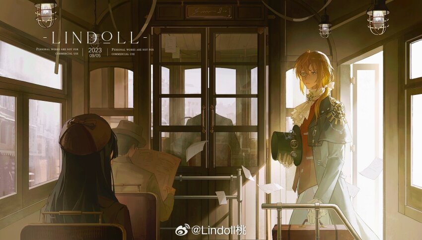 1girl, 3boys, alkaid_mcgrath, alkaid_mcgrath_(mist_city), artist_name, ascot, beret, black_coat