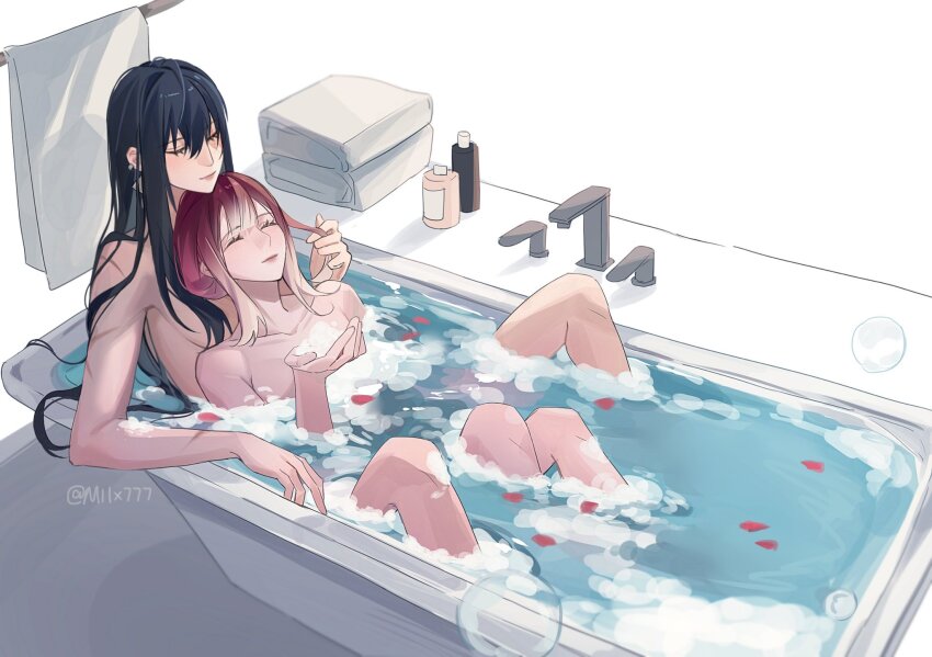 2girls, bathing, black_hair, blush, bubble, closed_eyes, closed_mouth, collarbone