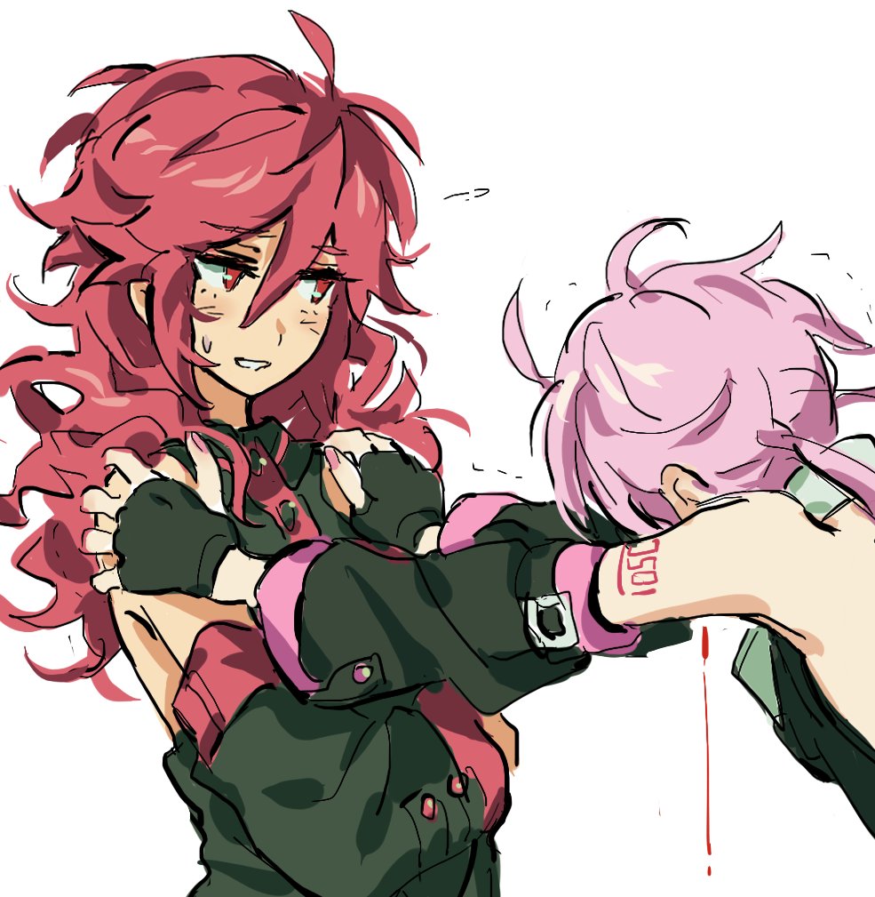 2girls, ahoge, bare_shoulders, black_gloves, black_shirt, blood, blush, buttons