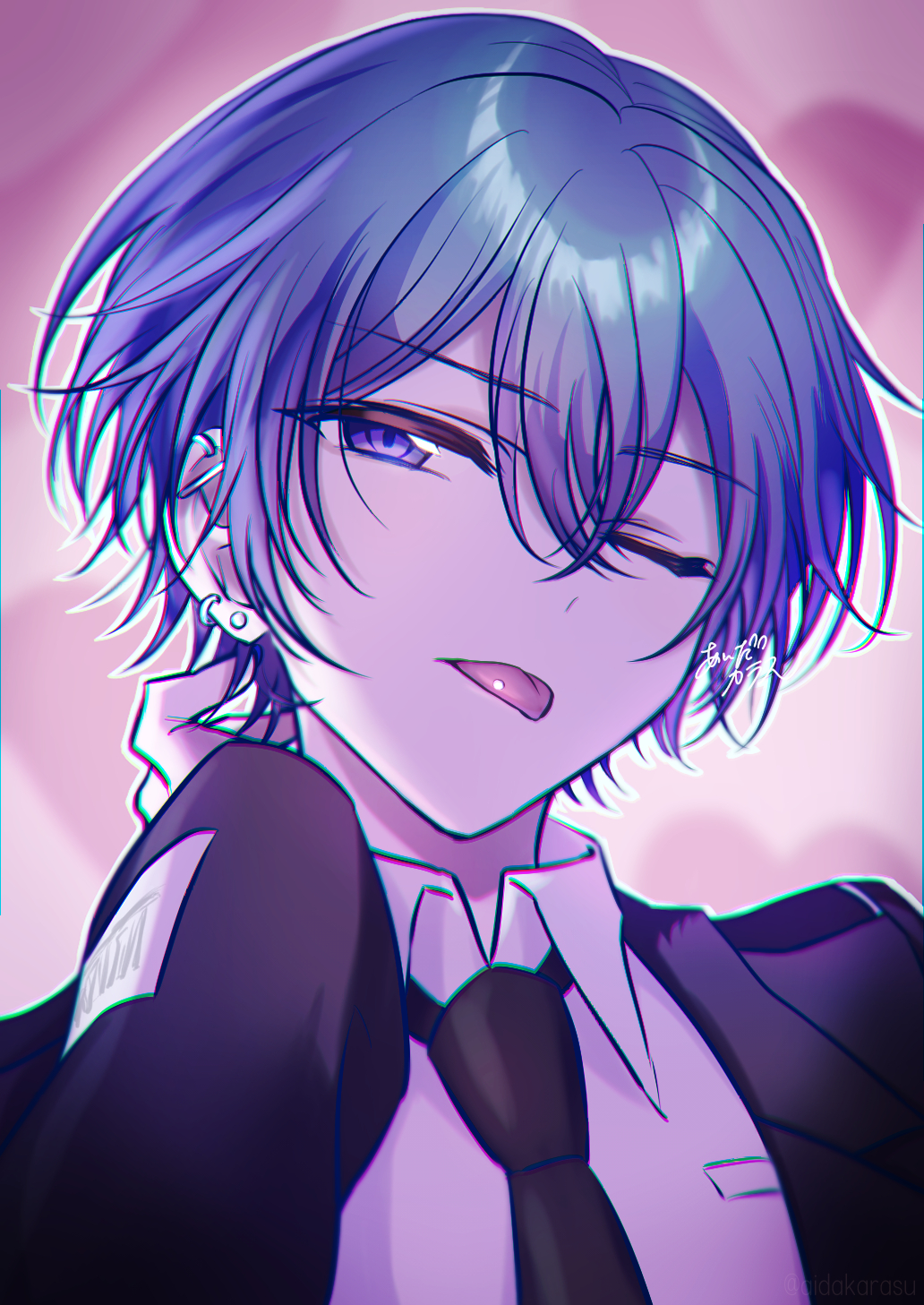1boy, aida_karasu, black_necktie, blue_eyes, blue_hair, chromatic_aberration, collared_shirt, commentary_request