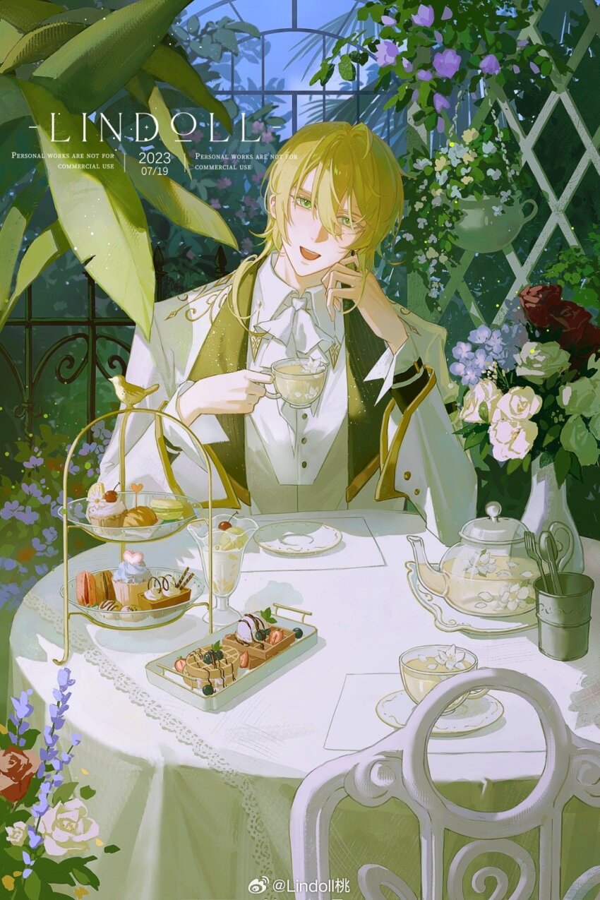 1boy, :d, alkaid_mcgrath, alkaid_mcgrath_(eden), artist_name, ascot, blonde_hair, chair