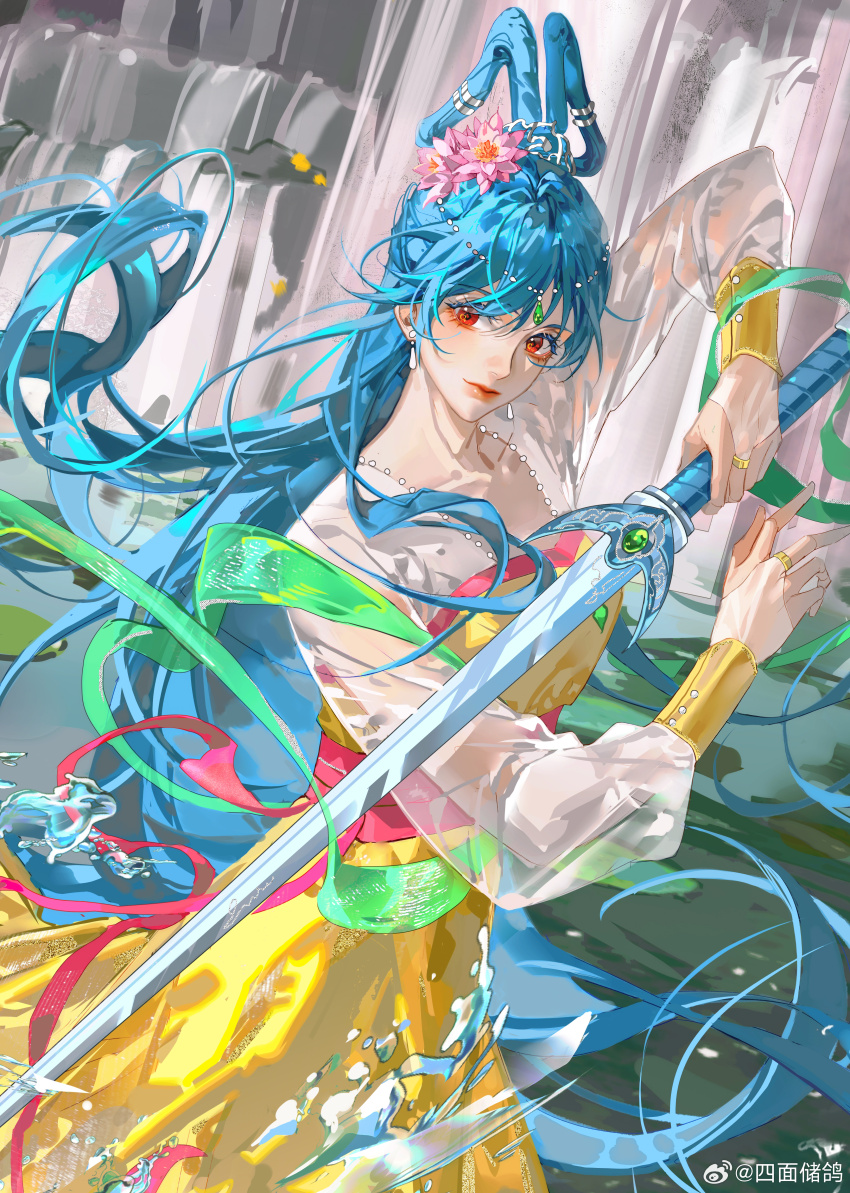 1girl, absurdres, blue_hair, bridal_gauntlets, chinese_clothes, closed_mouth, cowboy_shot, dress