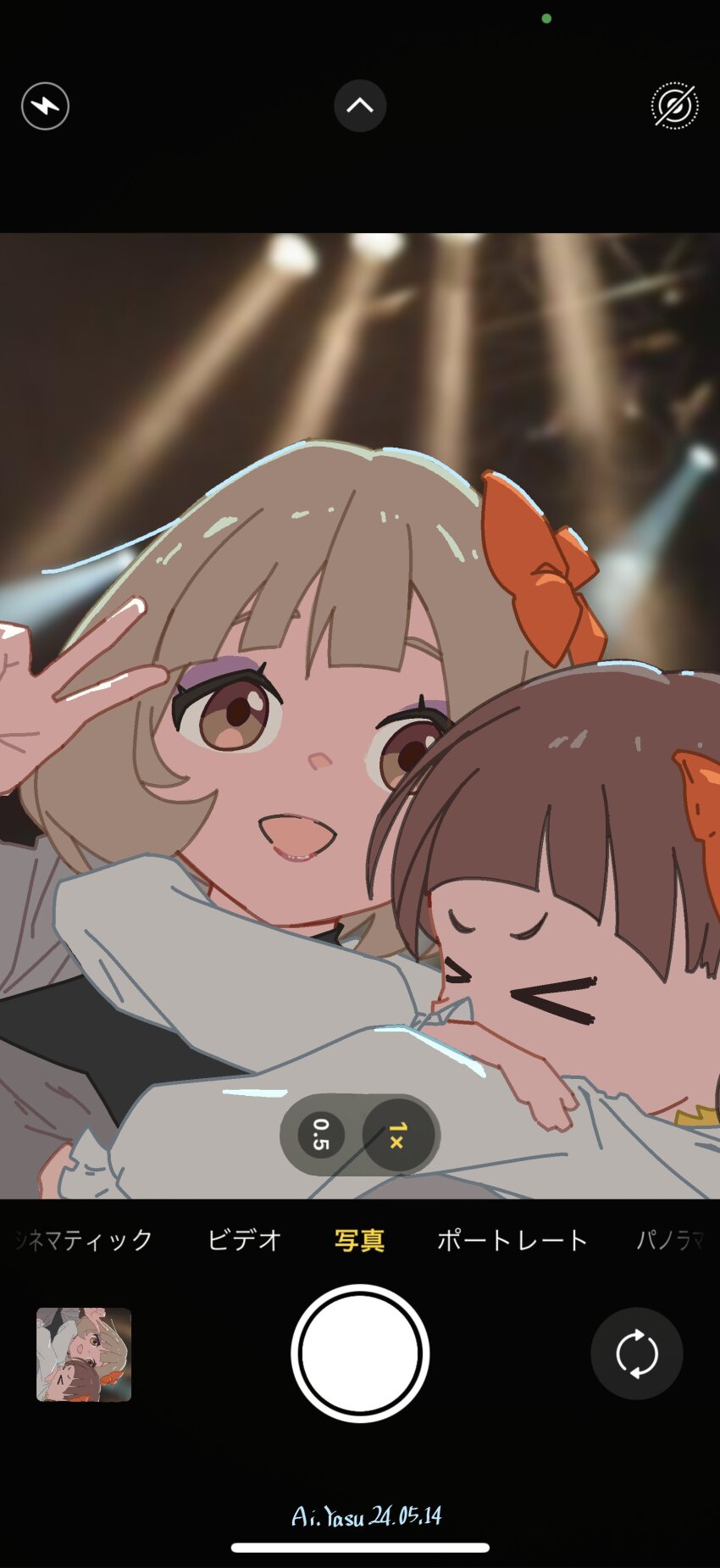 >_<, 2girls, absurdres, aiyasu, artist_name, baba_ariel, baba_shizue, bow