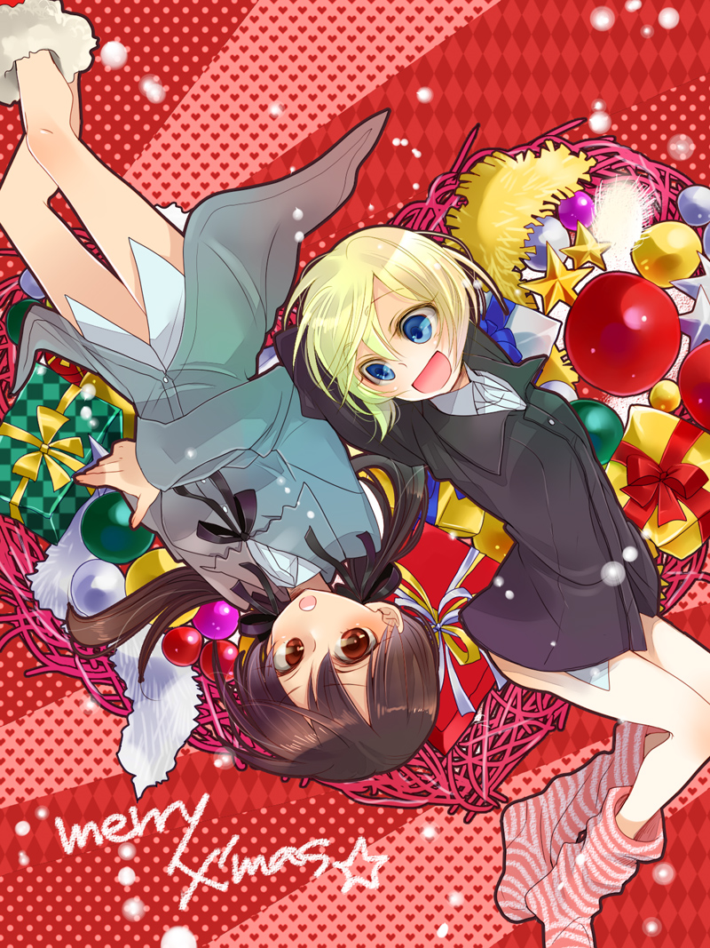 2girls, bad_id, bad_pixiv_id, blonde_hair, blue_eyes, brown_eyes, brown_hair, christmas