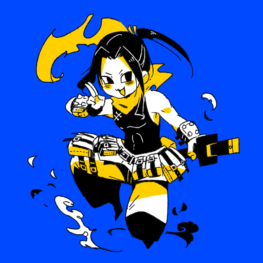 1girl, :3, :d, bare_shoulders, blue_background, blush, breasts, etrian_odyssey