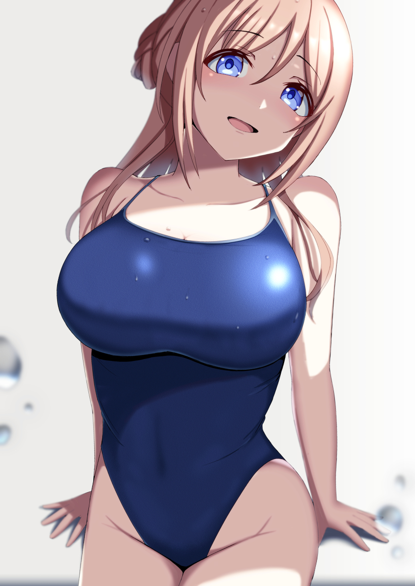 1girl, absurdres, blonde_hair, blue_eyes, blue_one-piece_swimsuit, breasts, commentary_request, competition_school_swimsuit