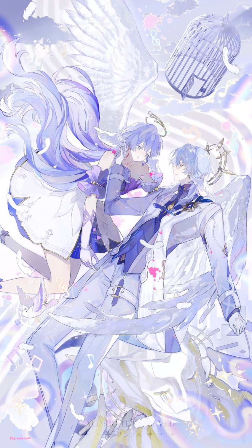 1boy, 1girl, aqua_eyes, armian, bare_shoulders, bead_bracelet, beads, bird