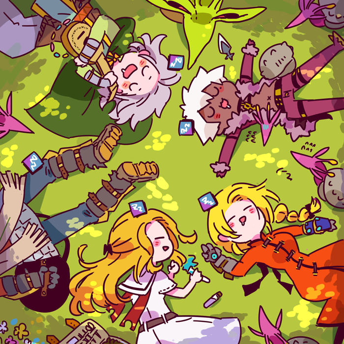 1girl, 2girls, 3boys, :d, alchemist_(sekaiju), alchemist_4_(sekaiju), bard_(sekaiju), bard_3_(sekaiju)