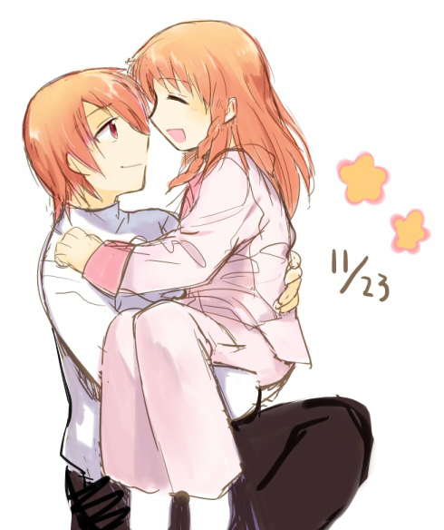 10s, angel_beats!, brother_and_sister, brown_eyes, brown_hair, carrying, closed_eyes, kirishita_yuuji, long_hair, otonashi_yuzuru, otonashi_hatsune, pajamas, short_hair, siblings