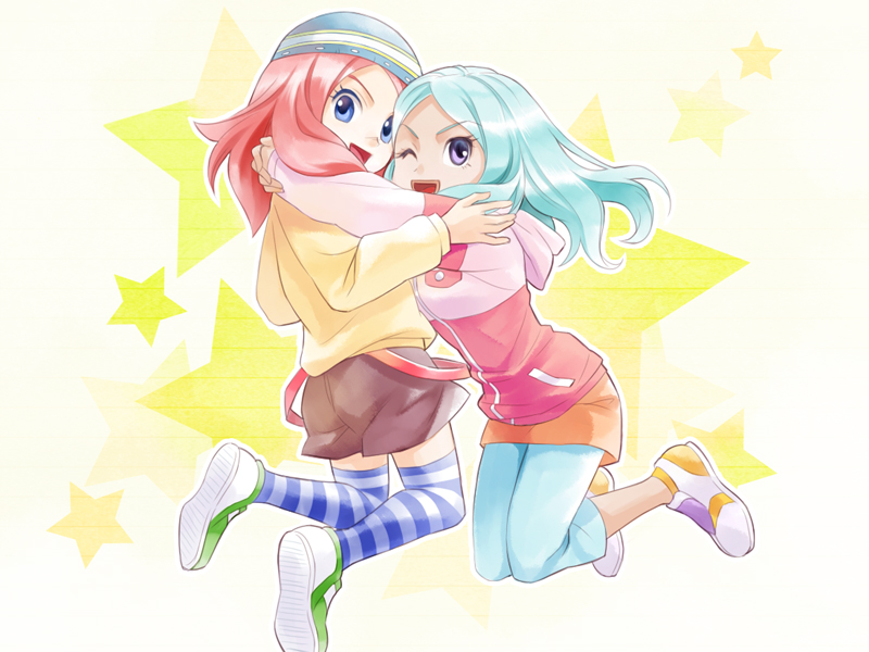 2girls, bad_id, bad_pixiv_id, blue_hair, casual, hood, hoodie, inazuma_eleven