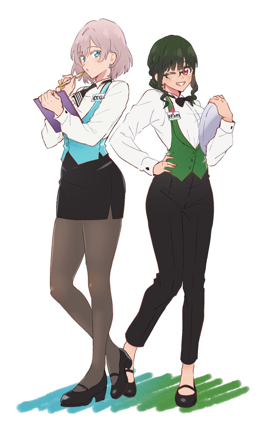 2girls, anosillus_ii, black_hair, blue_eyes, braid, breasts, earrings, glasses