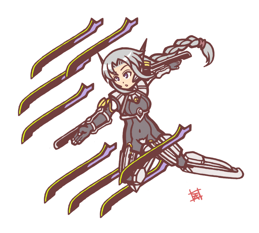 1girl, amayuki_esuka, arc_system_works, blazblue, blue_eyes, braid, cosplay, female_focus, flat_color, full_body, lambda-11, lambda-11_(cosplay), long_hair, nu-13, nu-13_(cosplay), silver_hair, simple_background, solo, touhou, white_background, yagokoro_eirin