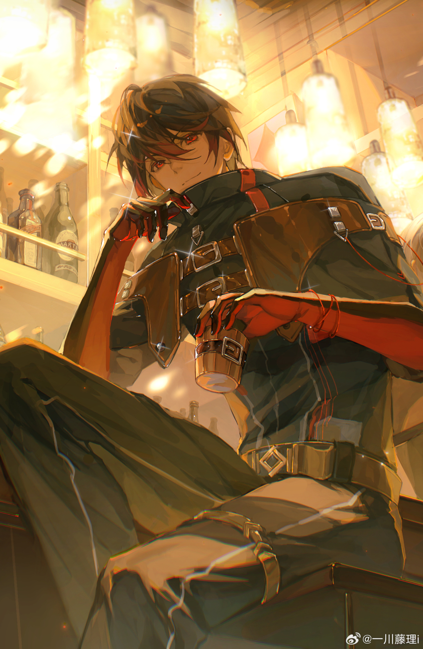 1boy, ayn_alwyn, ayn_alwyn_(eden), backlighting, bar_(place), belt, belt_buckle, black_cloak