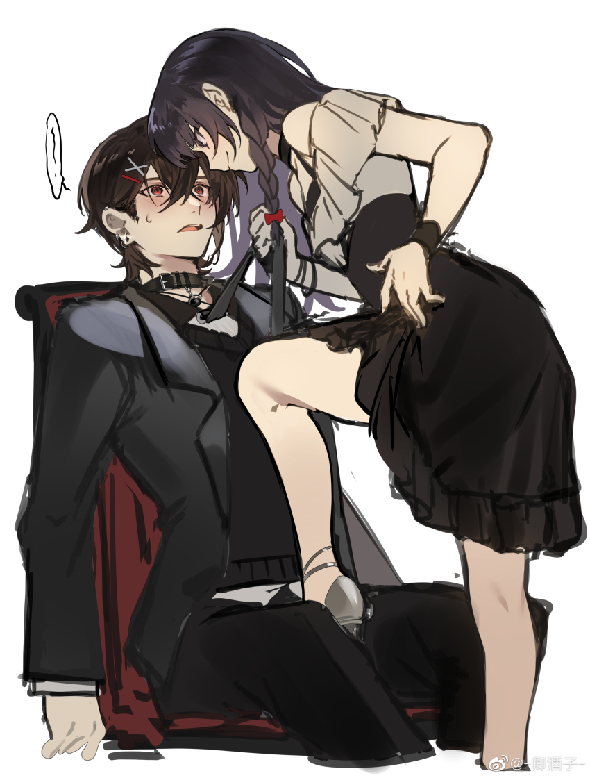 1boy, 1girl, absurdres, ankle_strap, assertive_female, ayn_alwyn, ayn_alwyn_(flowers_and_poetry), bare_shoulders, bell, belt_collar, between_legs, black_collar, black_hair, black_jacket, black_necktie, black_pants, black_skirt, black_sweater_vest, blunt_bangs, bow, bracelet, braid, bush, chair, closed_mouth, clothes_grab, collar, collared_shirt, diamond_earrings, ear_piercing, earrings, eye_contact, face-to-face, feet_out_of_frame, foot_out_of_frame, freeze_(867139), grey_footwear, hair_behind_ear, hair_between_eyes, hair_bow, hair_ornament, hairclip, halter_shirt, halterneck, hand_on_own_hip, heroine_(lovebrush_chronicles), hetero, high-waist_skirt, highres, jacket, jewelry, lapels, long_hair, long_sleeves, looking_at_another, lovebrush_chronicles, neck_bell, necktie, necktie_grab, neckwear_grab, notched_lapels, off-shoulder_shirt, off_shoulder, open_clothes, open_jacket, open_mouth, pants, piercing, profile, purple_eyes, red_bow, shirt, shoes, short_hair, side_braid, simple_background, single_wrist_cuff, sitting, skirt, smile, spoken_squiggle, squiggle, standing, stepped_on, stud_earrings, sweatdrop, sweater_vest, teeth, upper_teeth_only, watermark, weibo_watermark, white_background, white_shirt, wide-eyed, wrist_cuffs