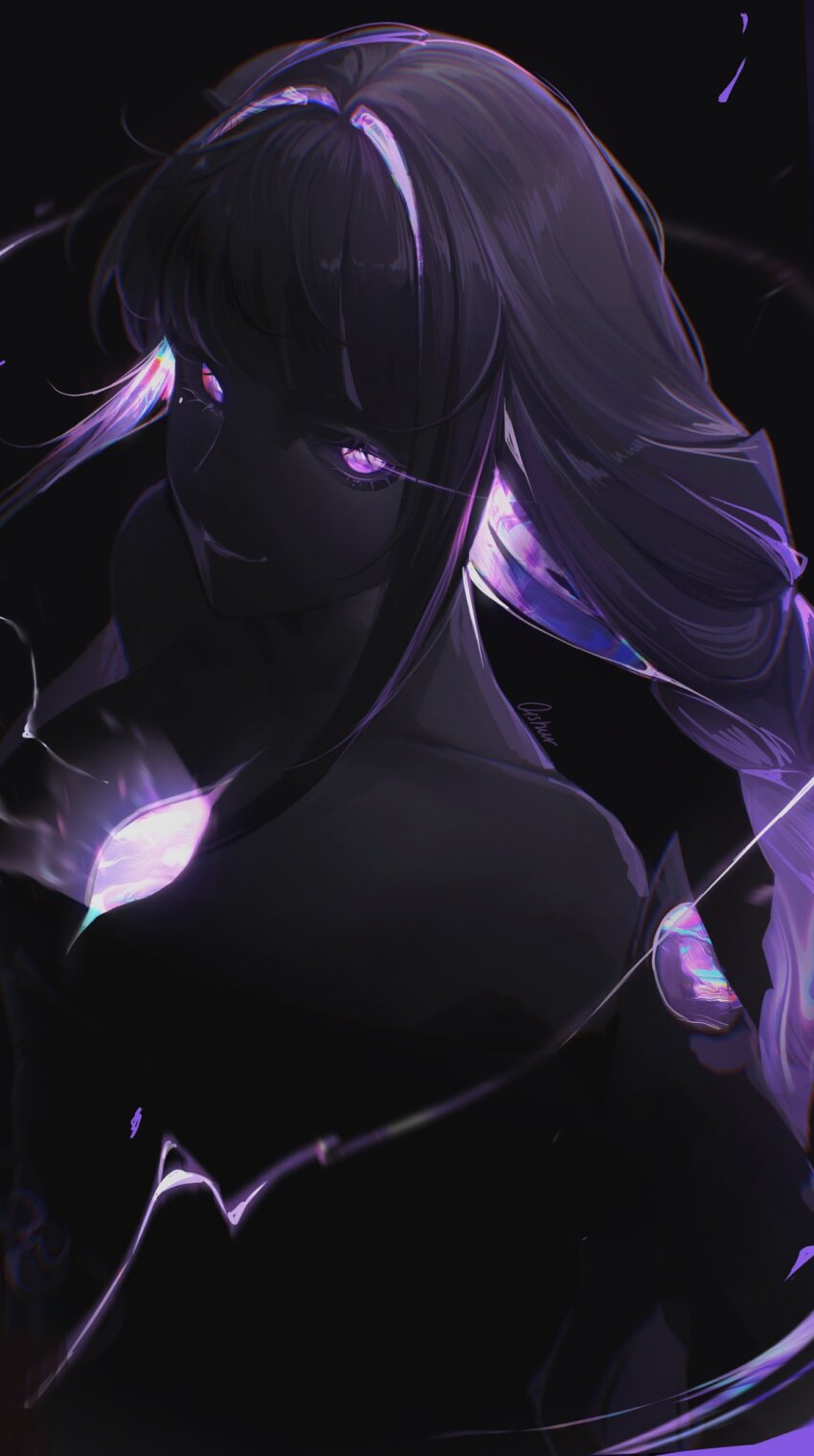 0ishur, 1girl, armor, bare_shoulders, braid, braided_ponytail, commentary, darkness, electro_symbol_(genshin_impact), eye_trail, genshin_impact, glowing, glowing_eyes, hair_intakes, highres, hole_in_chest, hole_on_body, human_scabbard, light_trail, long_hair, looking_at_viewer, multicolored_hair, pauldrons, purple_hair, purple_theme, raiden_shogun, shoulder_armor, sidelocks, single_pauldron, solo, twitter_username, upper_body