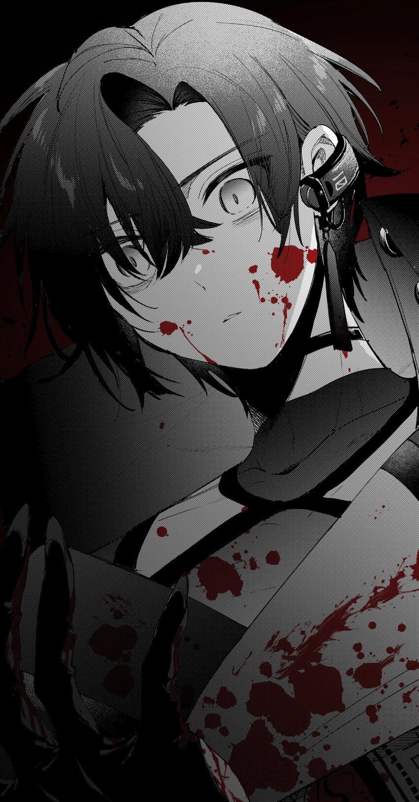 1boy, absurdres, blood, blood_on_clothes, blood_on_face, blood_splatter, choker, closed_mouth