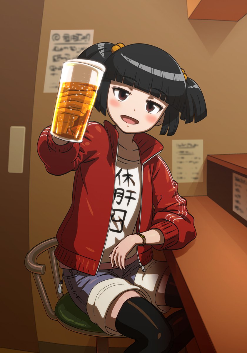 1girl, alcohol, bar_(place), beer, beer_mug, black_hair, black_thighhighs, blue_shorts