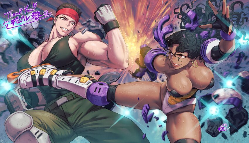 2girls, absurdres, black_hair, black_tank_top, blocking, breasts, broken_helmet, dark-skinned_female, dark_skin, fighting, fighting_vipers, fingerless_gloves, fujii_eishun, gloves, grace_(fighting_vipers), headband, highres, jane_(fighting_vipers), kicking, knee_pads, large_breasts, leotard, multiple_girls, muscular, muscular_female, red_headband, roller_skates, shin_guards, skates, smile, strapless, strapless_leotard, tank_top, thighs, torn_clothes