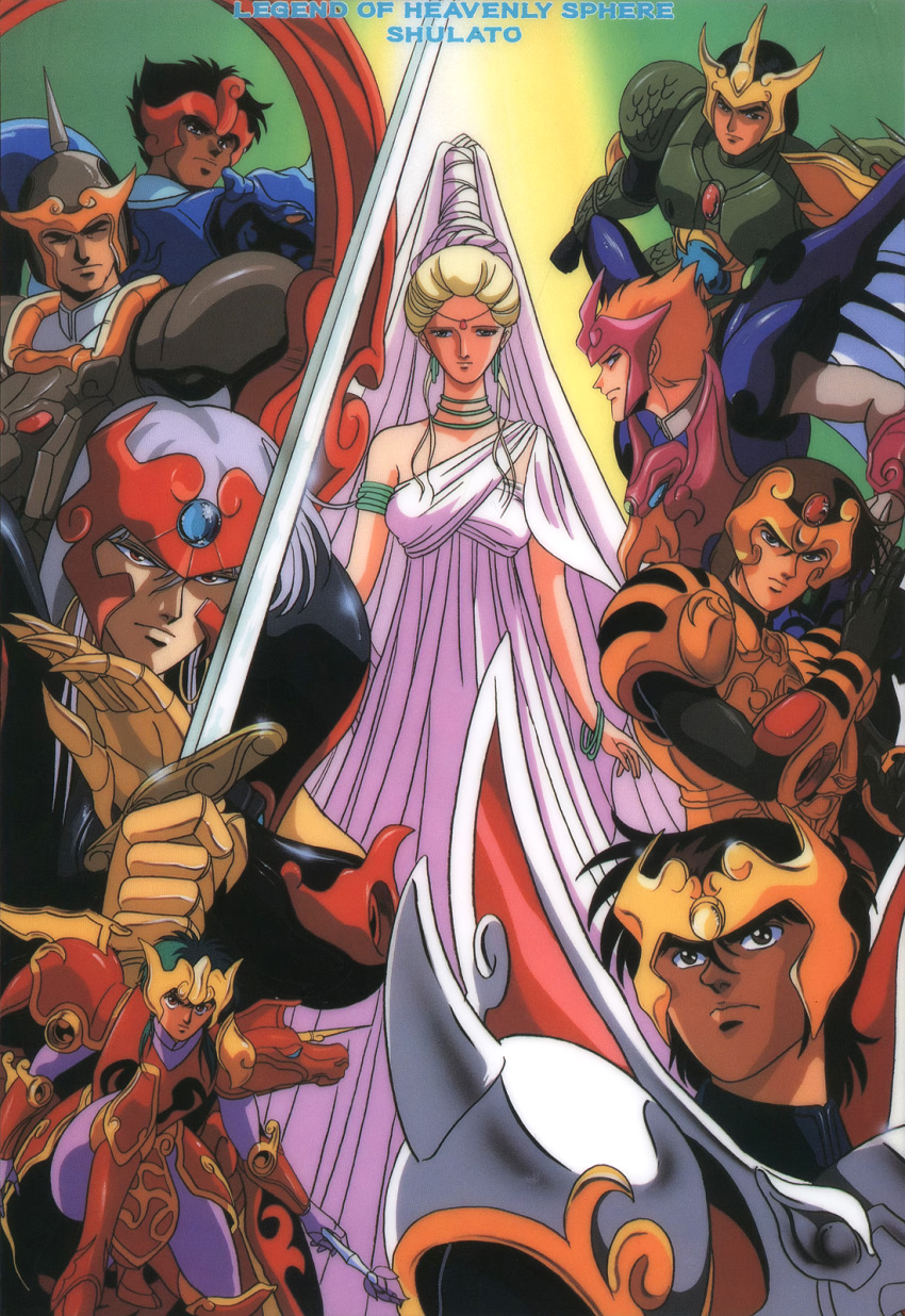 1980s_(style), 2girls, 6+girls, aqua_hair, armor, black_hair, blonde_hair, brown_hair