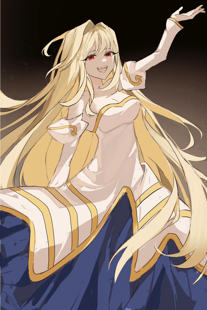 1girl, archetype_earth, arcueid_brunestud, bare_shoulders, blonde_hair, breasts, cleavage, detached_sleeves, dongxunyu, dress, fate/grand_order, fate_(series), hair_intakes, highres, large_breasts, long_hair, long_skirt, looking_at_viewer, melty_blood, red_eyes, skirt, smile, solo, strapless, strapless_dress, tsukihime, tsukihime_(remake), type-moon, very_long_hair, white_dress