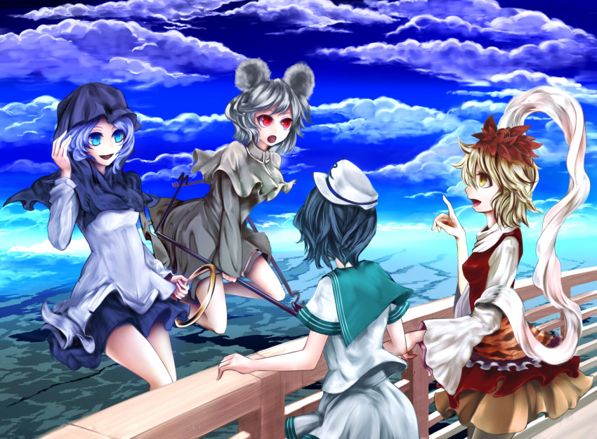 4girls, animal_ears, black_hair, blue_eyes, cloud, crystaline_lens, crystaline_lens_(artist), day