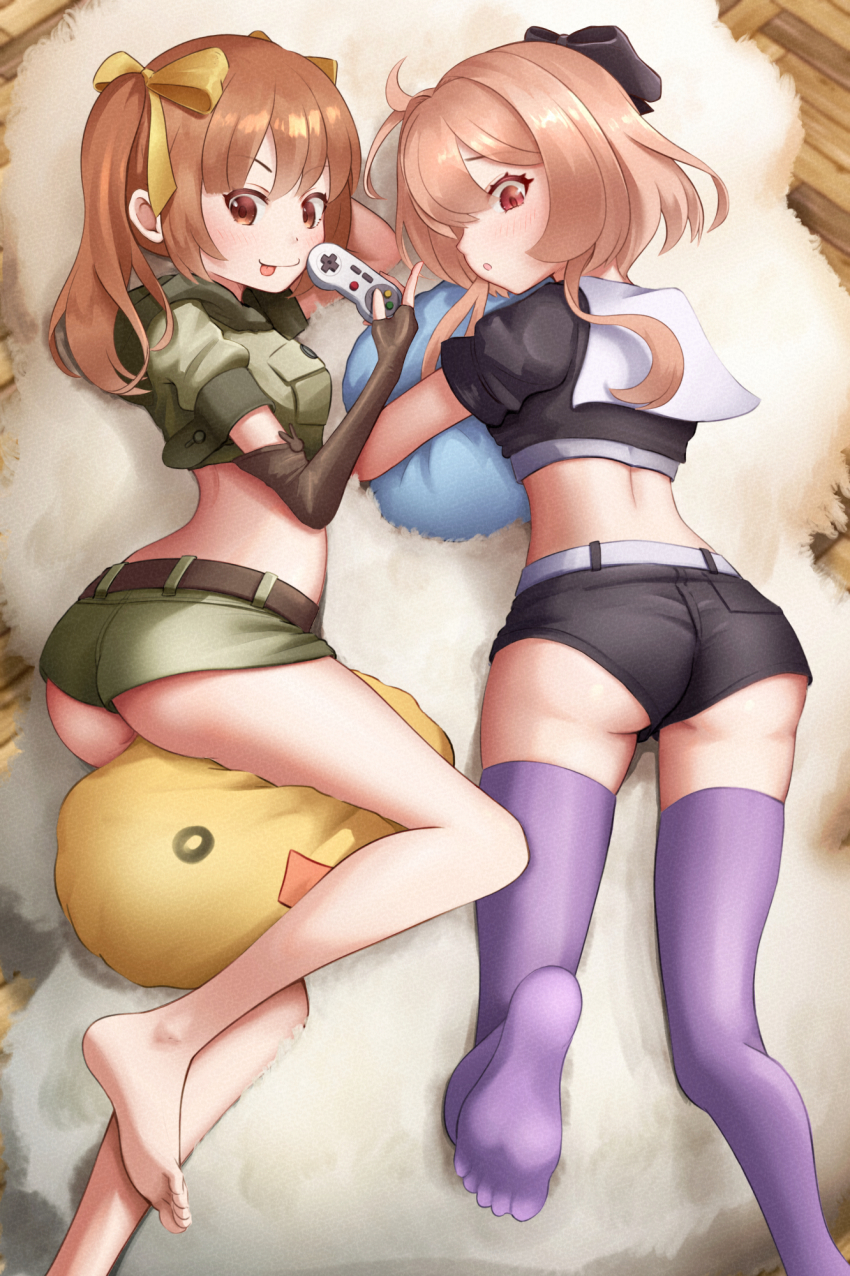 2girls, ahoge, ass, bare_legs, barefoot, bernie_(brown_dust), between_legs, black_jacket, black_ribbon, black_shorts, blush, brown_dust_(series), brown_dust_2, brown_eyes, brown_gloves, brown_hair, controller, cropped_jacket, eyebrows_hidden_by_hair, game_controller, gloves, green_jacket, green_shorts, hair_between_eyes, hair_ribbon, highres, holding, holding_controller, holding_game_controller, jacket, lying, multiple_girls, on_side, on_stomach, open_mouth, partially_fingerless_gloves, pillow, purple_thighhighs, red_eyes, ribbon, rigenette_(brown_dust), rug, scopedog_12, short_shorts, shorts, smile, soles, thighhighs, toes, tongue, tongue_out, yellow_ribbon