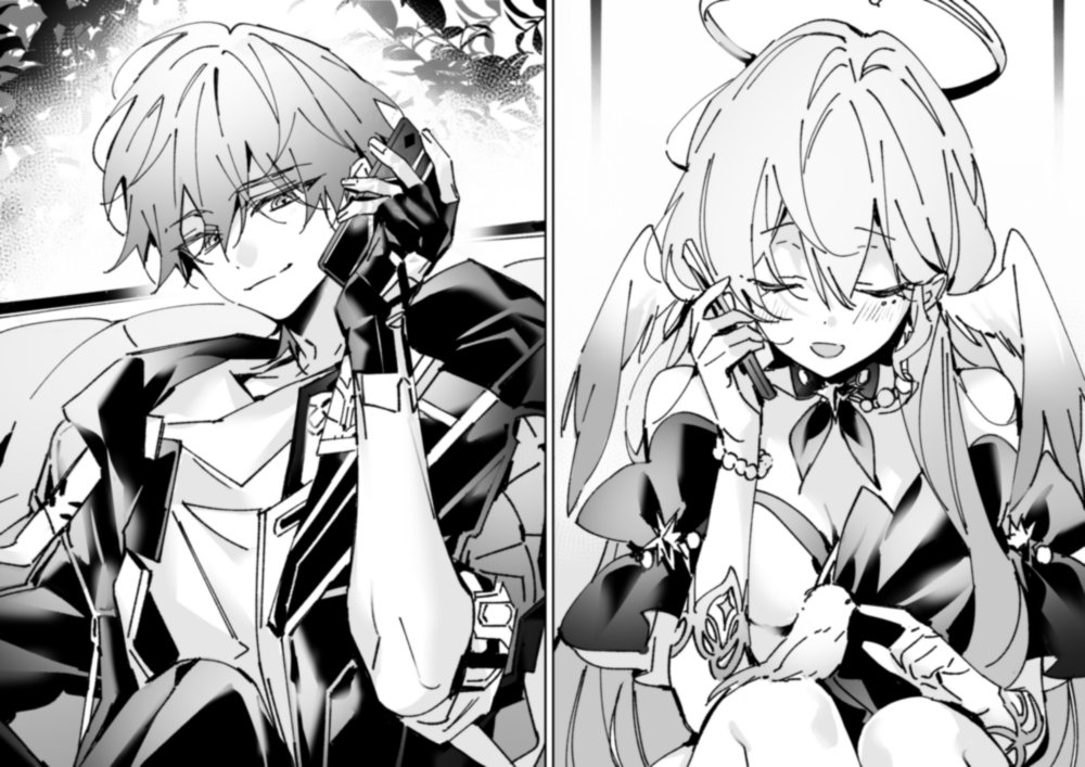 1boy, 1girl, beads, black_gloves, black_jacket, caelus_(honkai:_star_rail), cellphone, coat