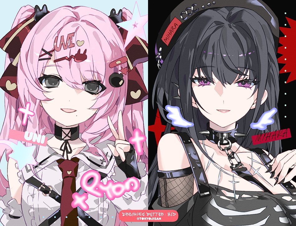 2girls, black_hair, chain, chain_leash, chest_harness, collar, fishnets, goddess_of_victory:_nikke