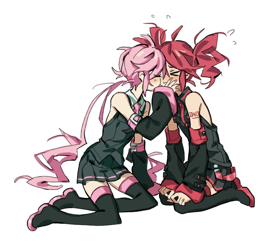 2girls, bare_shoulders, black_footwear, black_shirt, black_skirt, boots, buttons, detached_sleeves, drill_hair, edward_(chookooreetoo), hand_up, highres, kasane_teto, kasane_teto_(utau), kiss, long_hair, long_sleeves, low_twintails, multiple_girls, oune_meno, pink_hair, pink_nails, pleated_skirt, shirt, simple_background, sitting, skirt, thigh_boots, twin_drills, twintails, utau, very_long_hair, wariza, white_background, yokozuwari, yuri