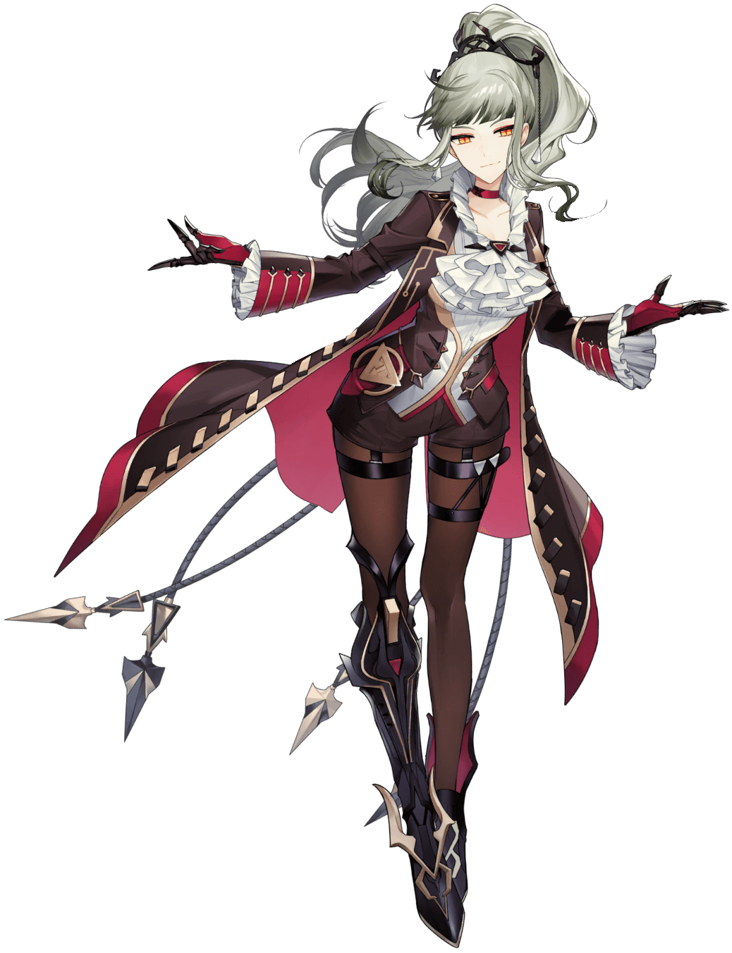 1girl, armband, artist_request, ascot, asymmetrical_footwear, asymmetrical_legwear, black_armband, blunt_bangs, breasts, brooch, brown_coat, brown_pants, brown_pantyhose, brown_sleeves, brown_suit, buttoned_cuffs, buttons, character_request, choker, coat, collar, collarbone, collared_coat, dress_shirt, final_gear, formal_clothes, formal_shorts, frilled_collar, frilled_sleeves, frills, garter_straps, hair_ornament, half_updo, high_ponytail, highres, horizontal-striped_coat, jewelry, leaning_to_the_side, long_hair, long_sleeves, looking_at_viewer, mechanical_hands, medium_breasts, mismatched_footwear, mismatched_legwear, multicolored_suit, official_art, outstretched_hand, pant_suit, pants, pantyhose, pocket, ponytail, red_choker, shirt, short_shorts, shorts, sidelocks, simple_background, single_mechanical_hand, smile, smug, standing, striped_coat, suit, tachi-e, thigh_strap, third-party_source, transparent_background, triangle, two-tone_collar, two-tone_wrist_cuffs, undershirt, wavy_ends, wavy_sidelocks, white_ascot, white_collar, white_sleeves, wide_sleeves, wings_ornament, yellow_eyes