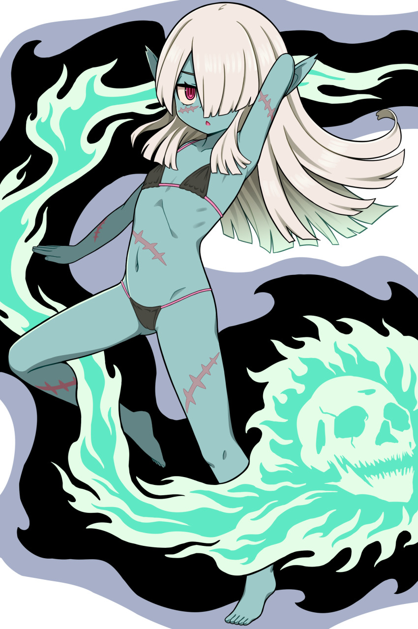 1girl, absurdres, ami_(ammy33), arm_behind_head, barefoot, bikini, black_bikini, blue_skin