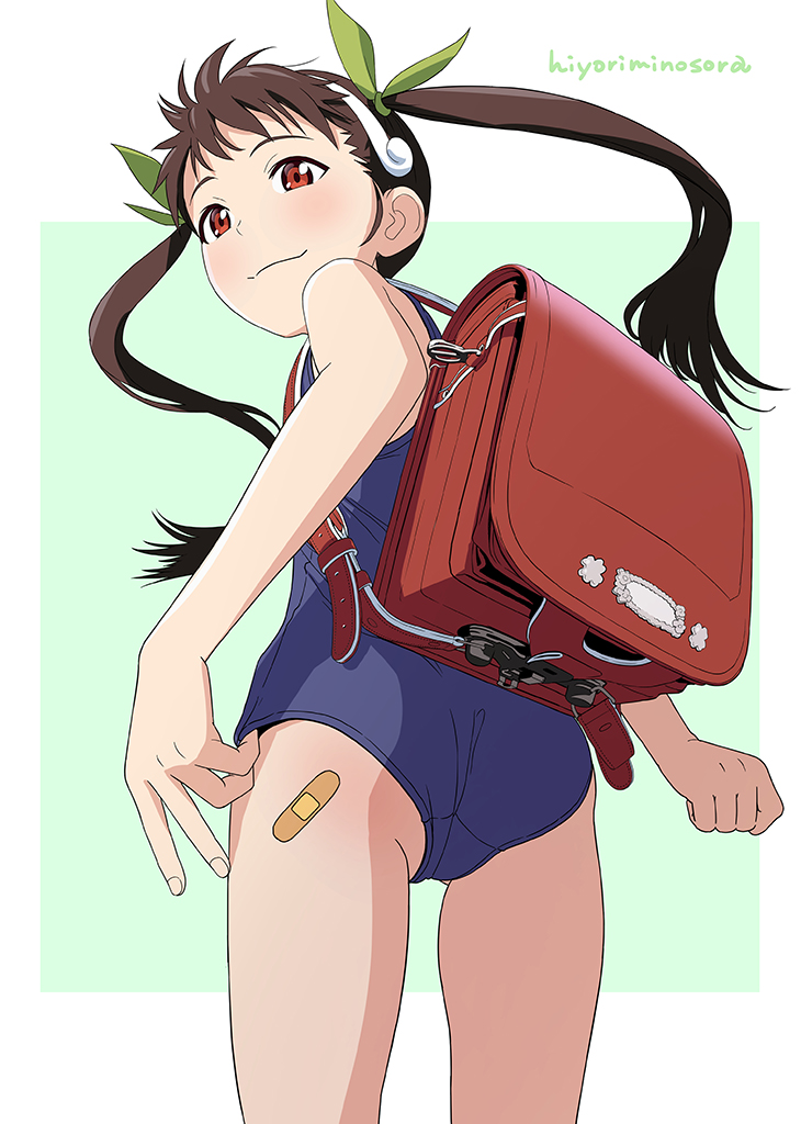 1girl, ass, backpack, bag, bakemonogatari, bandaid, bandaid_on_ass, black_hair