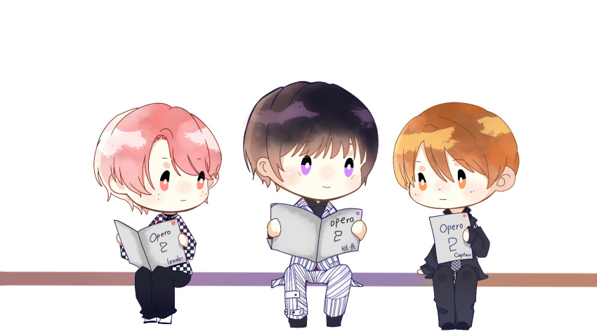 3boys, argyle_clothes, argyle_necktie, belt, black_footwear, black_hair, black_jacket, black_necktie