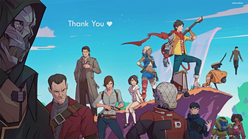 alteredbits, chai_(hi-fi_rush), chibi, corvo_attano, dark_skin, denim, denim_jacket, dishonored, dishonored_2, doom_(series), doom_eternal, emily_kaldwin, english_text, father_and_child, father_and_daughter, hi-fi_rush, highres, jacket, mask, mechanical_arms, multiple_girls, parent_and_child, peppermint_(hi-fi_rush), prosthesis, prosthetic_arm, prosthetic_leg, robot, single_mechanical_arm, smile, the_evil_within