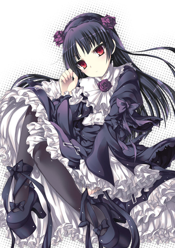1girl, alex_(alexandoria), black_hair, dress, female_focus, gokou_ruri, gothic_lolita, kobayashi_yoshitaka, lolita_fashion, long_hair, mole, mole_under_eye, ore_no_imouto_ga_konna_ni_kawaii_wake_ga_nai, pantyhose, red_eyes, solo