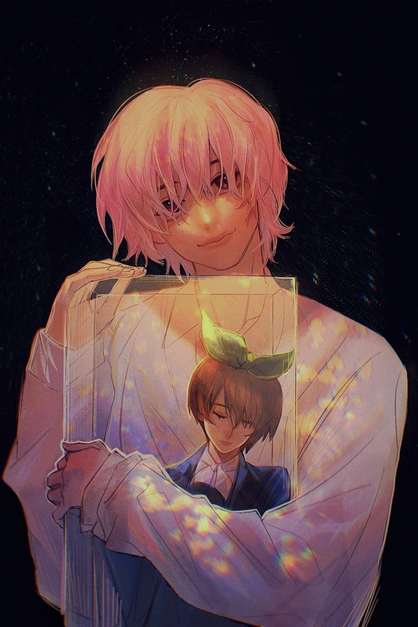 2boys, abe_ryouhei, black_background, box, chinese_commentary, closed_mouth, collarbone, collared_shirt, commentary_request, eyes_visible_through_hair, fingernails, glass, hair_over_eyes, head_tilt, highres, holding, holding_box, in_box, in_container, kakiukeko, light_particles, light_smile, lips, long_sleeves, male_focus, multiple_boys, palms, pink_eyes, pink_hair, real_life, sakuma_daisuke, shirt, short_hair, simple_background, size_difference, sleeves_past_wrists, snow_man_(jpop), trapped, upper_body, white_shirt, white_sleeves