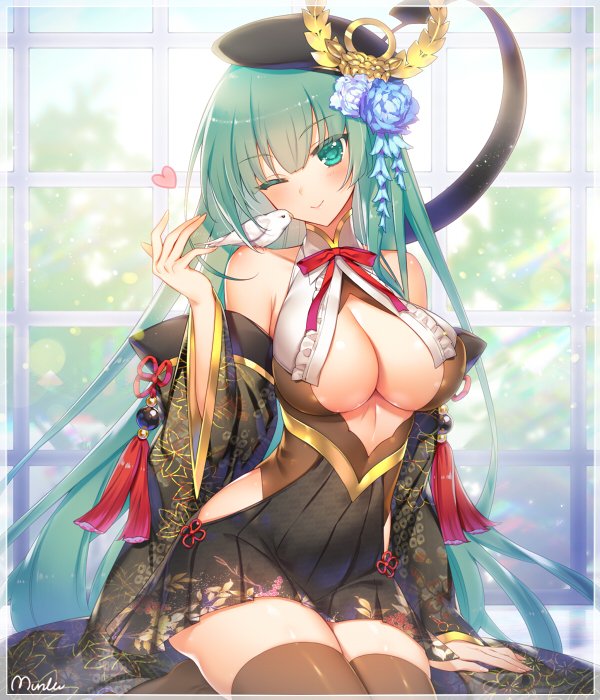 1girl, bird, blush, breasts, cleavage, commission, flower, flower_ornament