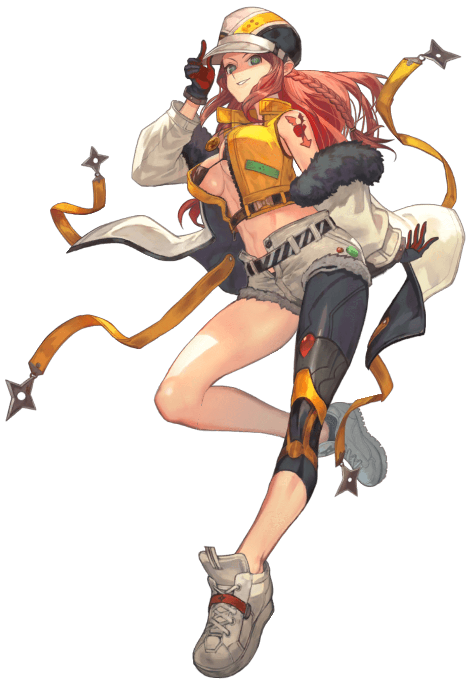 1girl, amulet, arm_tattoo, arrow_print, artist_request, badge, belt, bikini, black_bikini, braid, braided_ponytail, breasts, button_badge, button_gap, center_opening, character_request, coat, cropped_jacket, diagonal-striped_belt, final_gear, fist_print, fur-trimmed_coat, fur-trimmed_shorts, fur_trim, gloves, grin, hand_in_own_hair, hat, highres, jacket, jewelry, large_breasts, long_hair, long_sleeves, mechanical_legs, midriff, navel, necklace, official_art, open_clothes, open_jacket, orange_hair, shoes, shorts, shuriken, sidelocks, simple_background, single_bare_leg, single_braid, single_mechanical_leg, sleeveless, smile, sneakers, striped_belt, swimsuit, tachi-e, tattoo, teeth, third-party_source, transparent_background, two-tone_gloves, weapon, white_coat, wing_print, yellow_collar, yellow_jacket