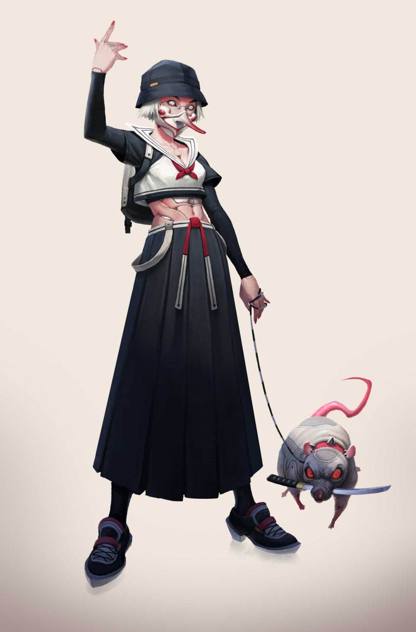 1girl, alexander_terentyev, arm_up, black_shirt, black_shoes, black_skirt, black_socks, collar