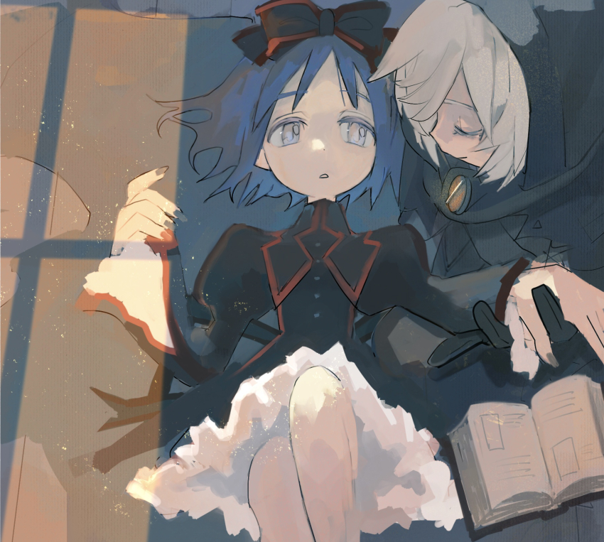 2girls, black_bow, black_cloak, black_dress, black_nails, blue_hair, book, bow