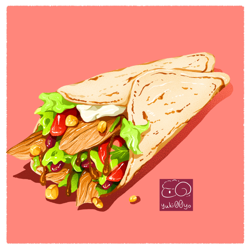 artist_logo, artist_name, chicken_(food), chicken_wrap, corn, food, food_focus, highres, lettuce, logo, no_humans, original, pink_background, sauce, tomato, yuki00yo