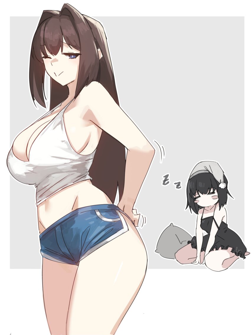 absurdres, aozaki_aoko, black_hair, blue_eyes, breasts, brown_hair, dolphin_shorts, hair_intakes