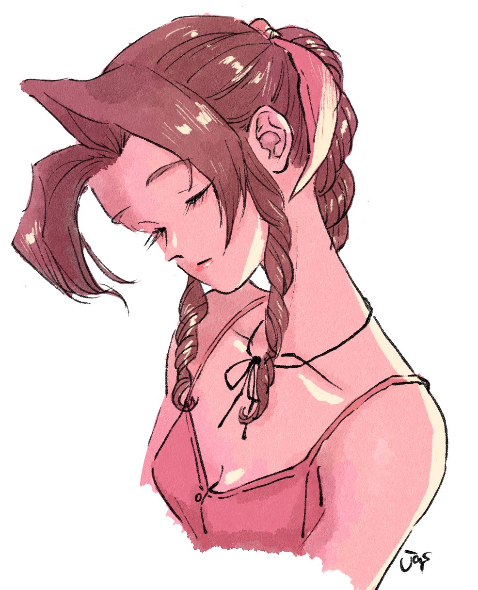 1girl, aerith_gainsborough, artist_name, bare_shoulders, braid, braided_ponytail, breasts, brown_hair