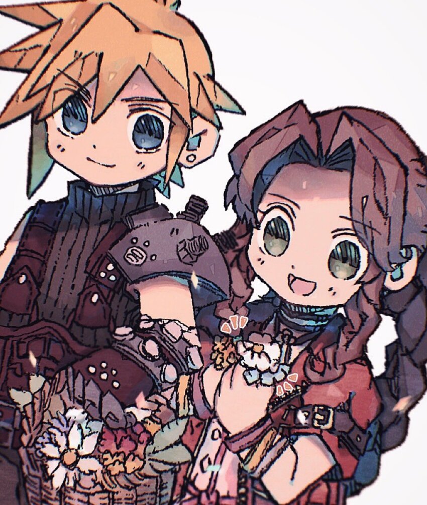 1boy, 1girl, aerith_gainsborough, ankomochi_(tomatoaaa), armor, bangle, basket, belt, blonde_hair, bracelet, braid, braided_ponytail, brown_belt, brown_gloves, brown_hair, choker, closed_mouth, cloud_strife, dress, earrings, final_fantasy, final_fantasy_vii, final_fantasy_vii_rebirth, final_fantasy_vii_remake, flower, flower_basket, flower_choker, gloves, green_eyes, hair_between_eyes, highres, holding, holding_basket, holding_flower, jacket, jewelry, light_brown_hair, long_hair, multiple_belts, open_mouth, parted_bangs, pink_dress, red_jacket, short_hair, short_sleeves, shoulder_armor, sidelocks, single_bare_shoulder, single_braid, single_earring, single_shoulder_pad, sleeveless, sleeveless_turtleneck, smile, spiked_hair, suspenders, turtleneck, upper_body, white_flower, yellow_flower